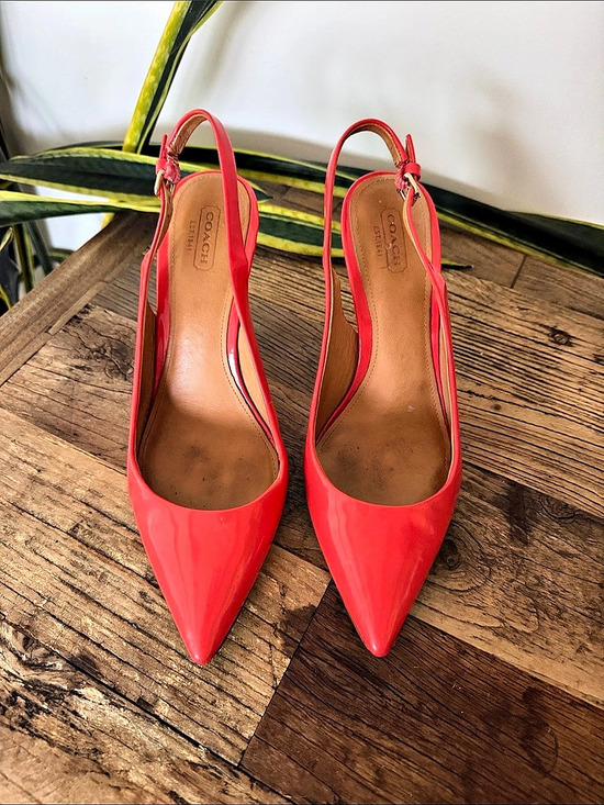 Coach Shoes - Coach- Lilly Patent Leather Pointed-Toe Slingback Heels in Coral w/wooden heel